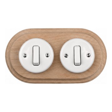 Elhard - Interruptor retro doble de cerámica con marco č. 1 blanco/madera clara