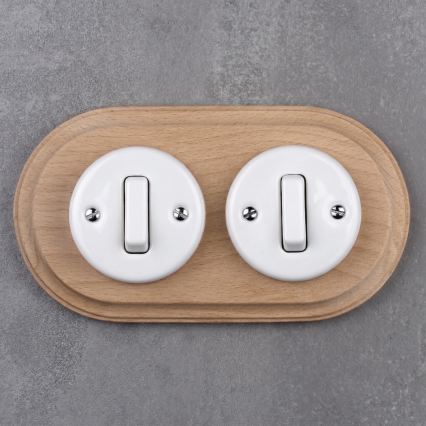 Elhard - Interruptor retro doble de cerámica con marco č. 1 blanco/madera clara