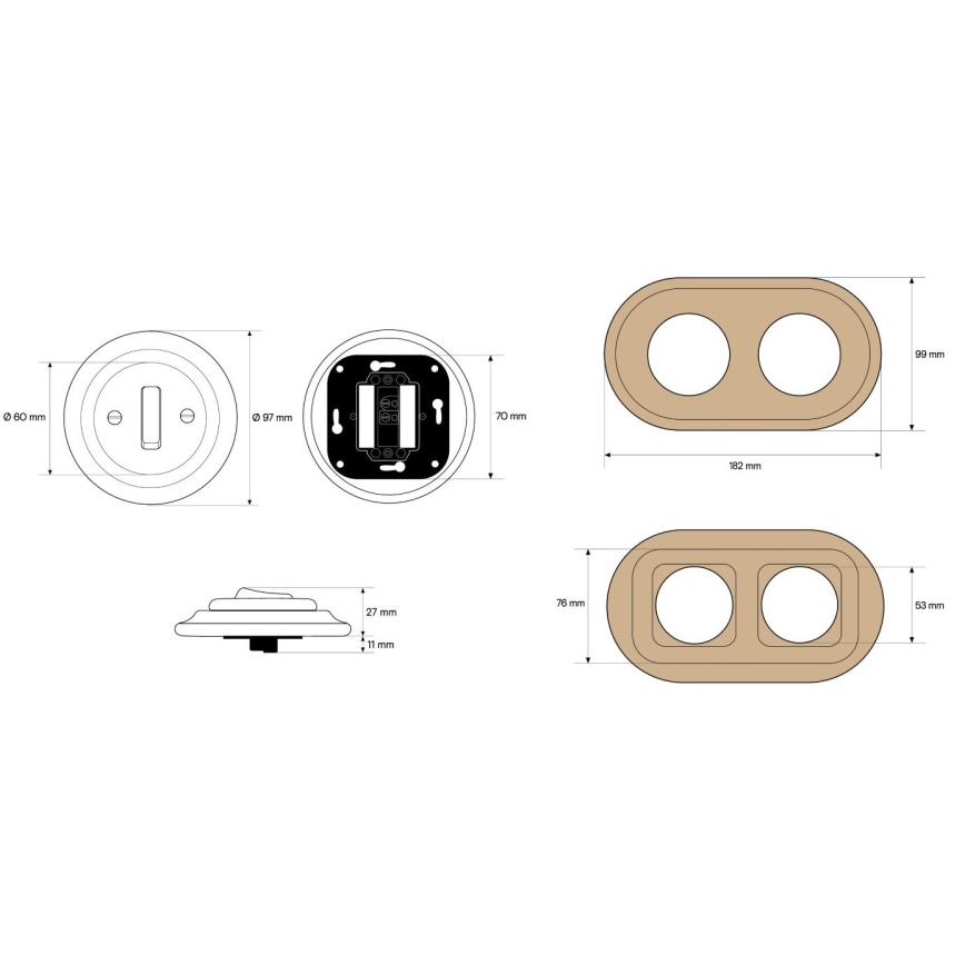 Elhard - Interruptor retro doble de cerámica con marco č. 1 blanco/madera clara