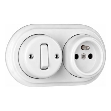 Elhard - Interruptor unipolar de cerámica retro para pared n.º 1 y toma de corriente 230 V con marco blanco