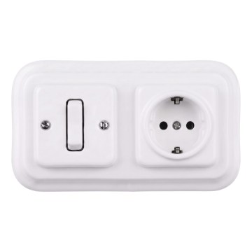 Elhard - Interruptor unipolar retro de cerámica n.º 1 y enchufe SCHUKO 230V con marco blanco