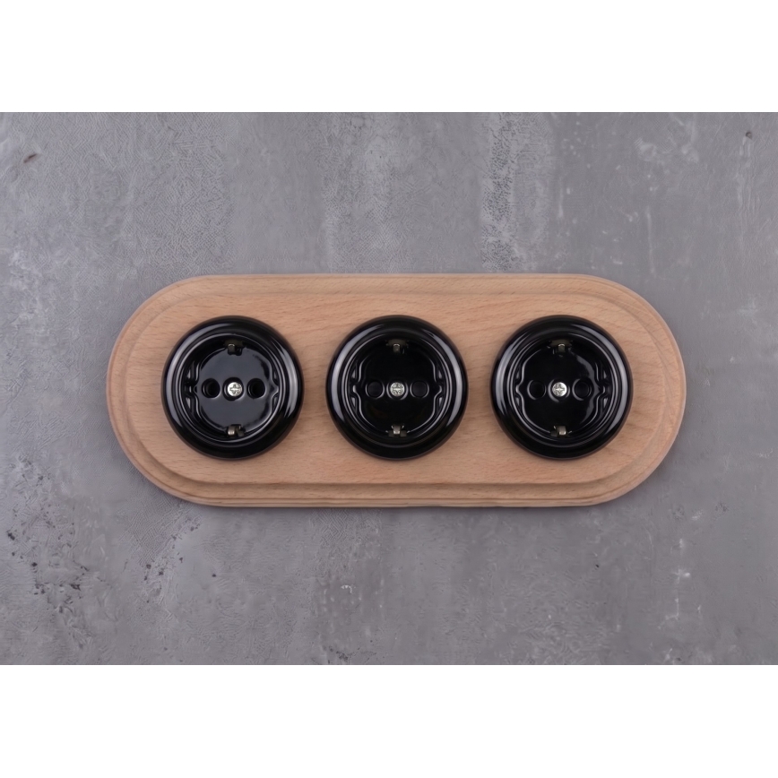 Elhard - Enchufe retro doméstico triple de cerámica con marco SCHUKO 230V negro/madera clara
