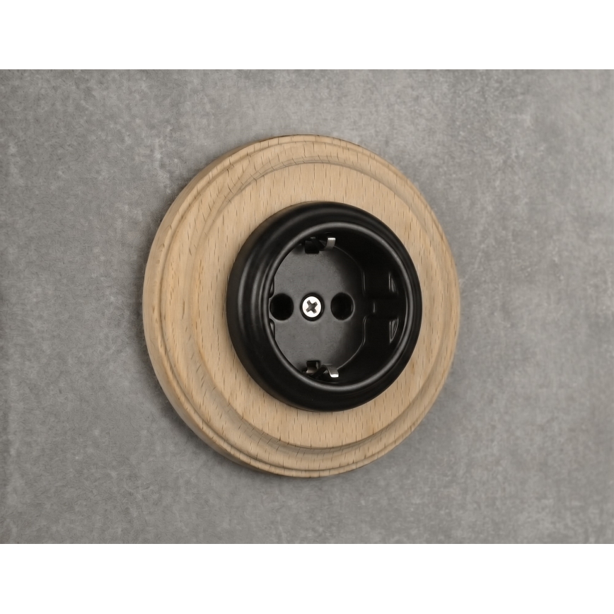 Elhard - Enchufe doméstico retro de cerámica con marco SCHUKO 230V negro/madera clara