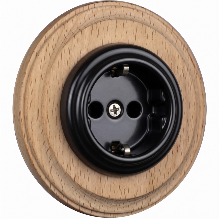 Elhard - Enchufe doméstico retro de cerámica con marco SCHUKO 230V negro/madera clara