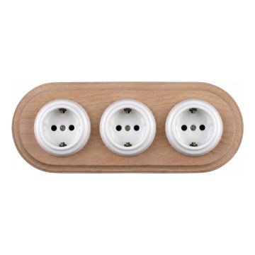 Elhard - Toma de corriente triple cerámica de estilo retro para uso doméstico con marco SCHUKO 230V blanco/madera clara