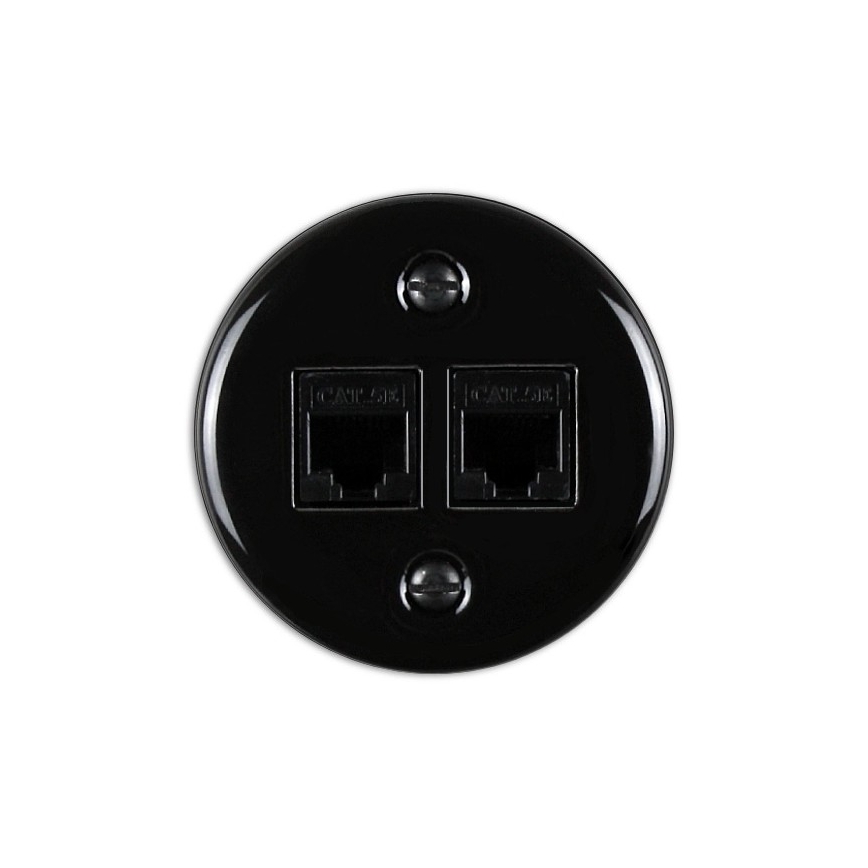 Elhard - Toma de red mural de cerámica estilo retro, 2x RJ45, negro