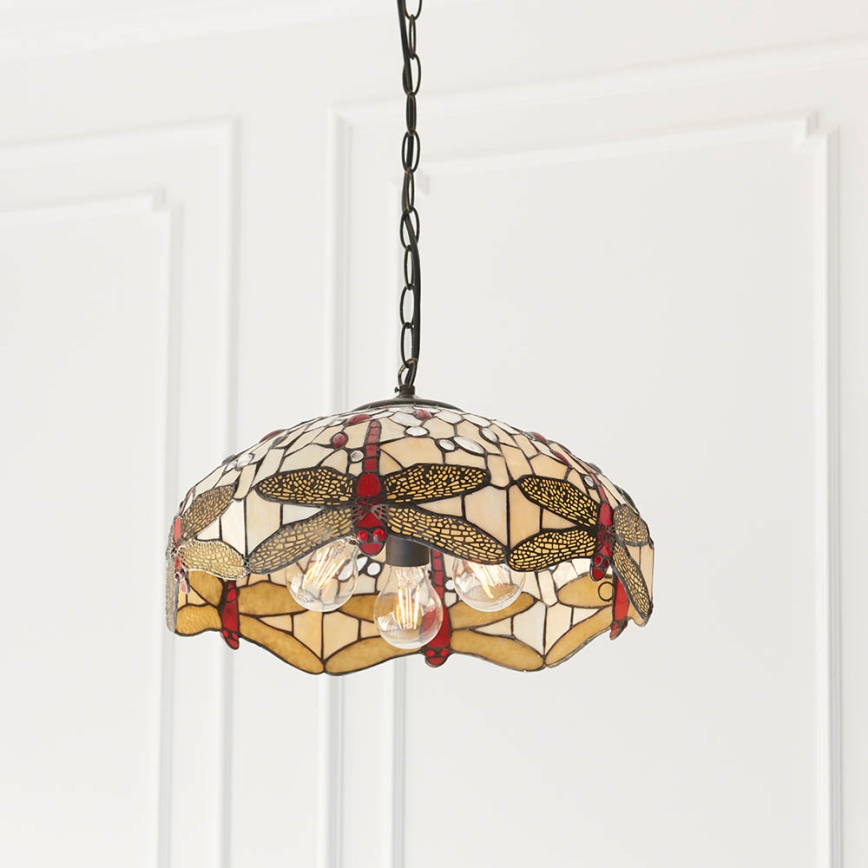 Endon 70824 - Lámpara colgante con cadena Tiffany DRAGONFLY, 3xE27/60W/230V, Ø 41 cm