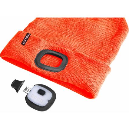 Extol - Gorro con linterna frontal recargable por USB con batería de 250 mAh, naranja neón, talla única