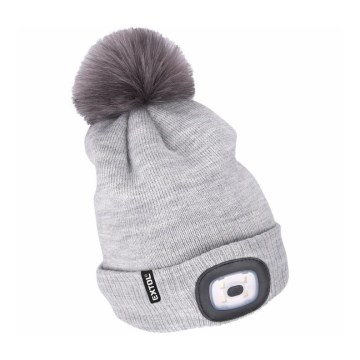 Extol - Gorro con luz frontal recargable por USB (300 mAh), gris con pompón, talla única