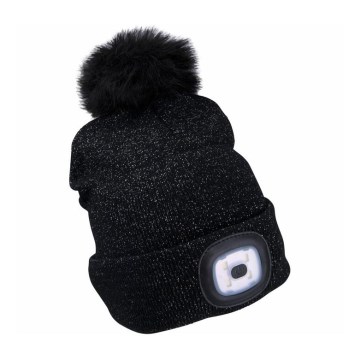 Extol - Gorro con luz frontal recargable por USB, batería 300 mAh, negro con pompón, talla única
