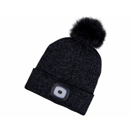 Extol - Gorro con luz frontal recargable por USB, batería 300 mAh, negro con pompón, talla única