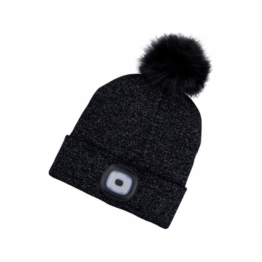 Extol - Gorro con luz frontal recargable por USB, batería 300 mAh, negro con pompón, talla única
