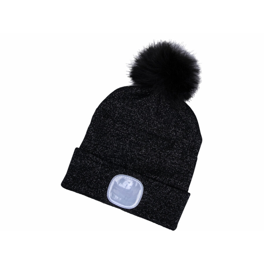 Extol - Gorro con luz frontal recargable por USB, batería 300 mAh, negro con pompón, talla única