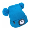 Extol - Gorro con luz frontal y carga por USB, batería recargable de 250 mAh, azul con pompones, talla infantil