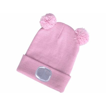 Extol - Gorro infantil con luz frontal recargable por USB (batería 250 mAh), rosa con pompones