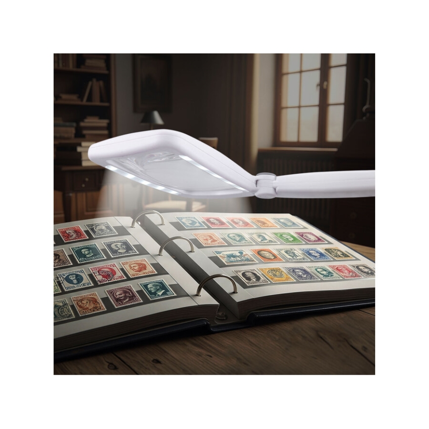 Extol - Lupa plegable recargable con luz LED regulable, batería 650 mAh, blanca/gris