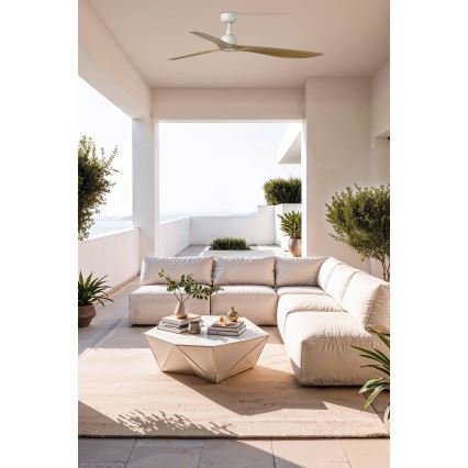FARO 34361WT - Ventilador de techo OUTWOOD L marrón/blanco, diámetro 150 cm, Wi-Fi Tuya IP44 + mando a distancia