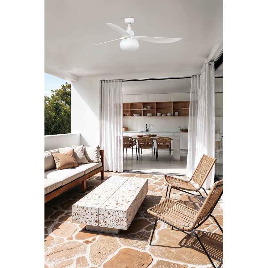 FARO 34363WT-11L - Ventilador de techo OUTWOOD L 1xE27/15W/230V blanco Ø 150 cm Wi-Fi Tuya IP44 + mando a distancia
