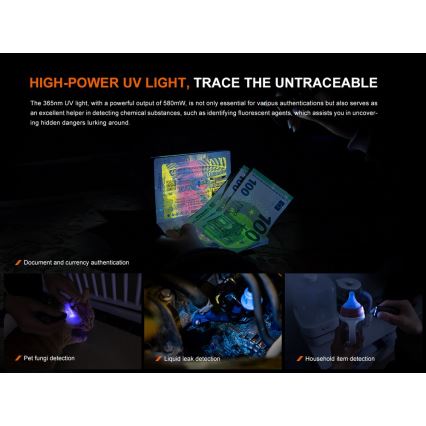 Fenix ​​E06RGRY - Linterna LED recargable y regulable UV LED/USB IP66 700 lúmenes 60 h 750 mAh gris
