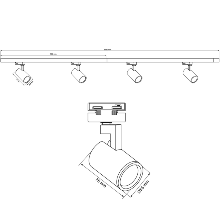 Foco para sistema de rieles LYNX 4xGU10/10W/230V + 2 x 75 cm Sistema de rieles negro