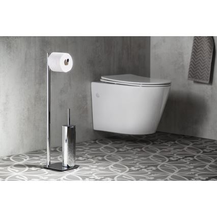Gedy - Cepillo de inodoro de pie con soporte para papel higiénico FLORI, cromo brillante
