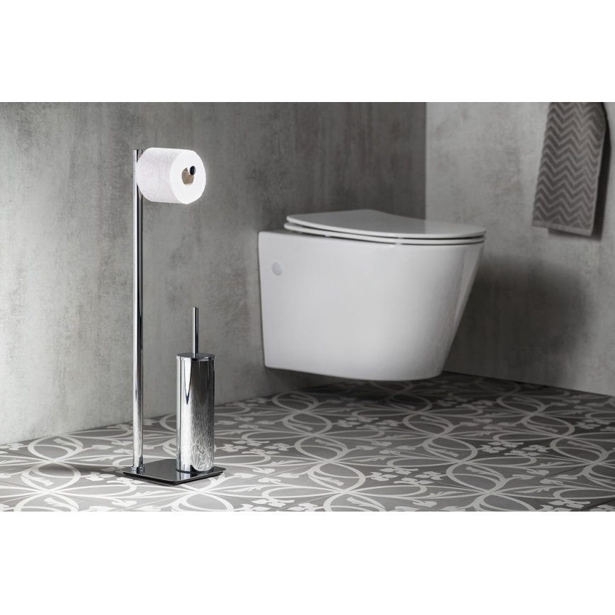 Gedy - Cepillo de inodoro de pie con soporte para papel higiénico FLORI, cromo brillante