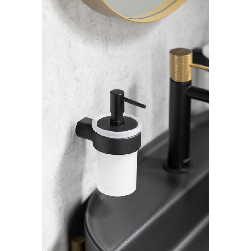 Gedy - Dispensador de jabón mural PIRENEI 110 ml, cristal opalino/negro mate