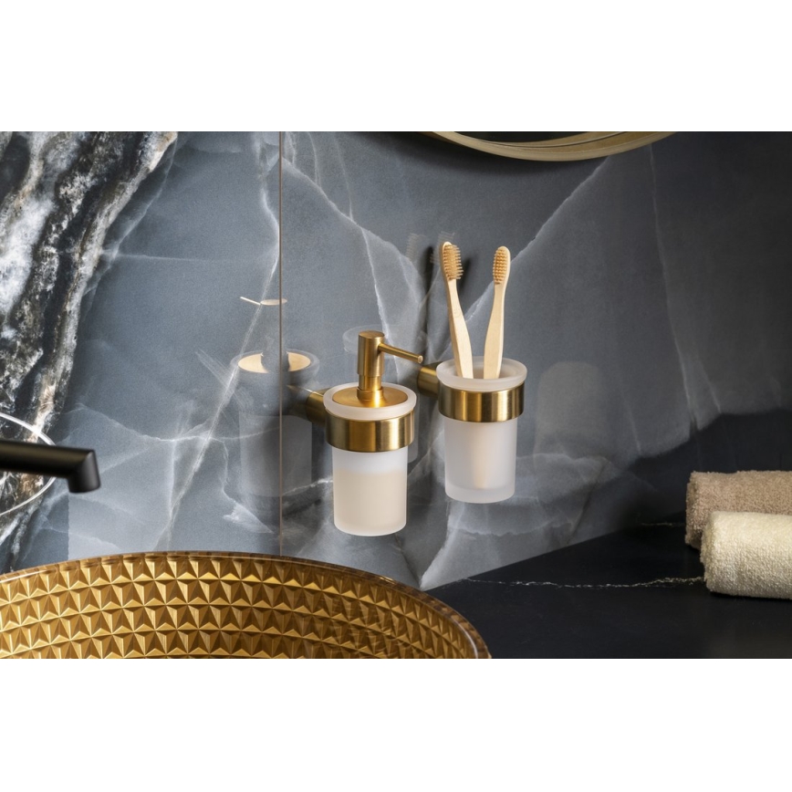 Gedy - Soporte mural para cepillos de dientes PIRENEI cristal opalino/dorado mate