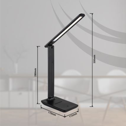 Globo - Lámpara de mesa LED recargable táctil regulable, 4W/5V, 2700/4000/6500K, 1800 mAh, negra