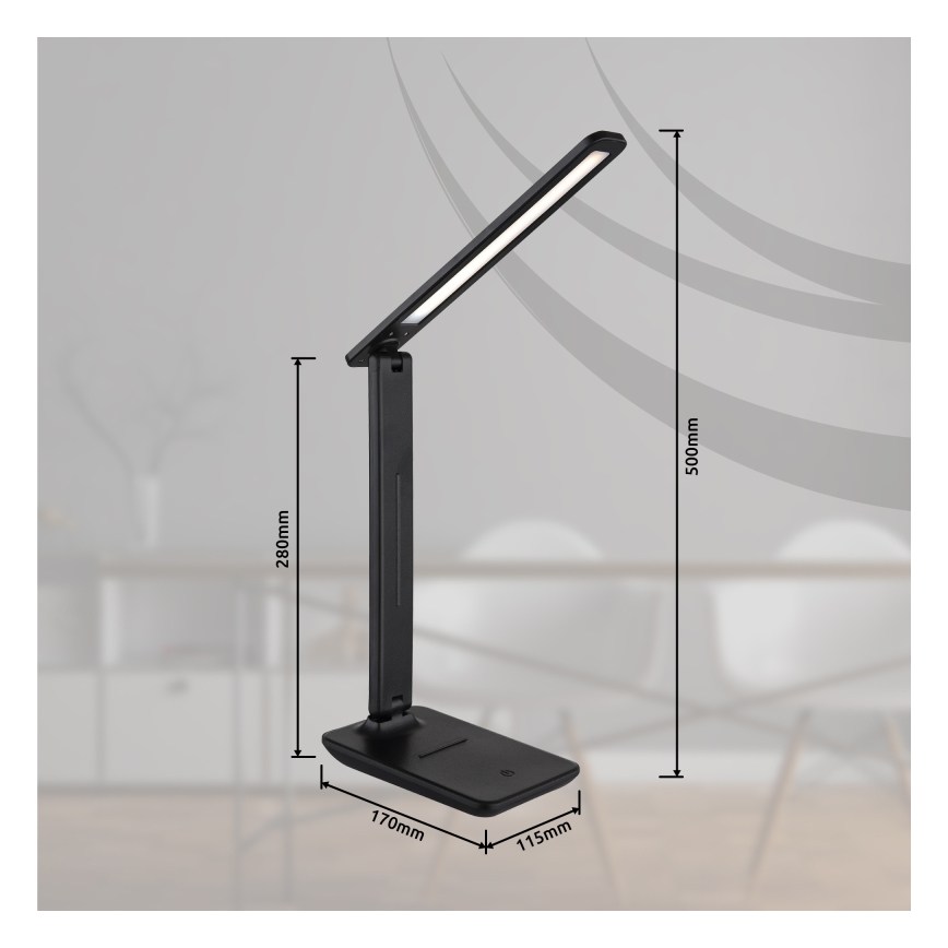 Globo - Lámpara de mesa LED recargable táctil regulable, 4W/5V, 2700/4000/6500K, 1800 mAh, negra