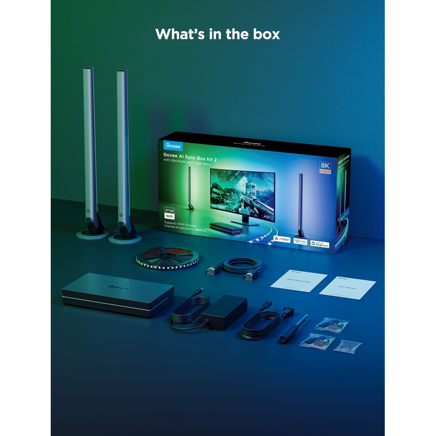 Govee - AI Sync Box Kit 2 Kit inteligente de iluminación para PC para pantallas de 27-34 + paneles LED Wi-Fi