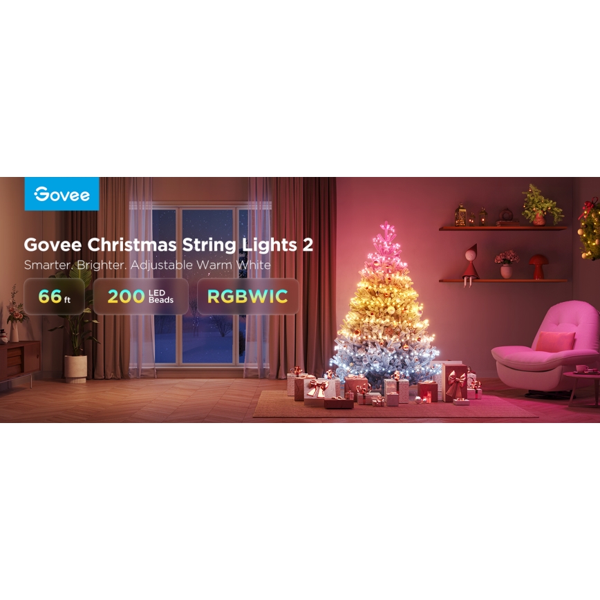Govee - Cadena LED RGBICW de Navidad para exteriores 2700-6500K 20m Wi-Fi Matter IP66