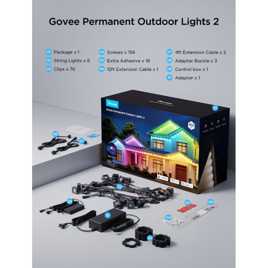 Govee - Guirnalda de focos LED RGBIC 30 m Wi-Fi Matter IP67