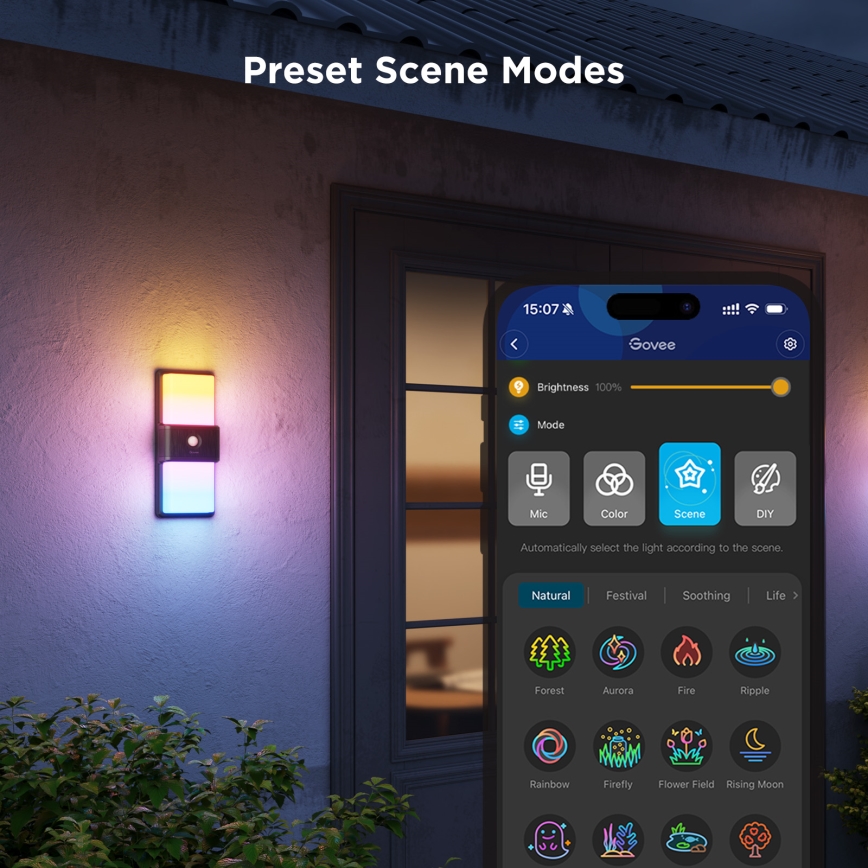 Govee - LED RGBIC Aplique de pared exterior regulable con sensor MATTER LED/230V IP65 2700-6500K Wi-Fi