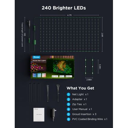 Govee - Red de luces LED RGBIC para exteriores 143x85cm Wi-Fi Matter IP65