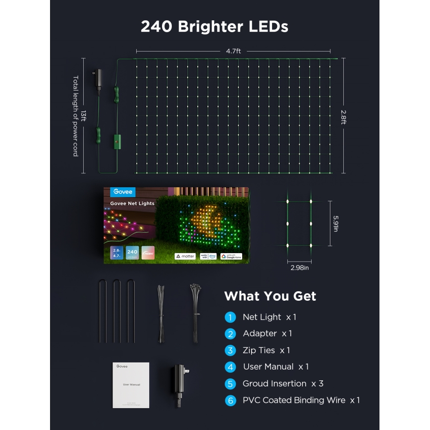 Govee - Red de luces LED RGBIC para exteriores 143x85cm Wi-Fi Matter IP65