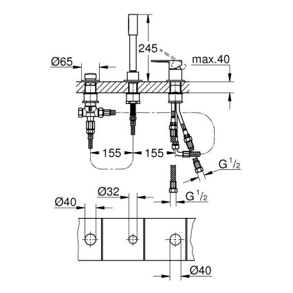 GROHE 19965001 - Batería para bañera de 3 orificios LINEARE, cromo brillante