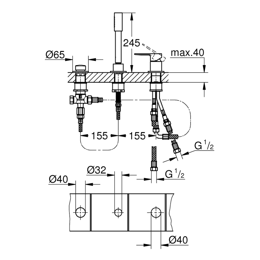GROHE 19965001 - Batería para bañera de 3 orificios LINEARE, cromo brillante