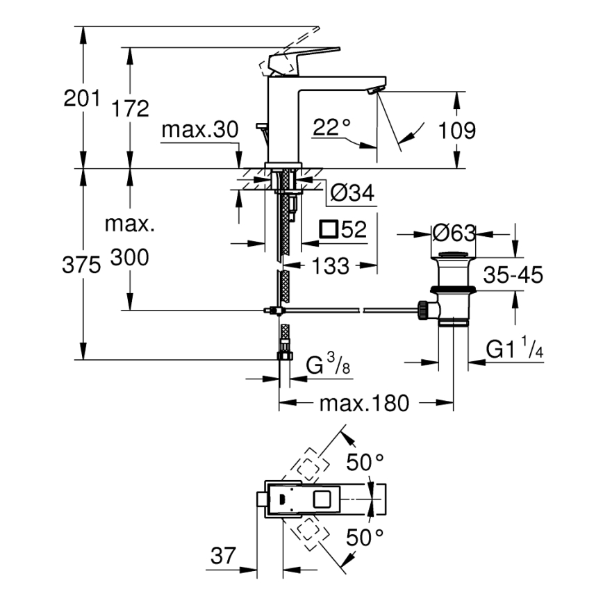 GROHE 23445AL0 - Grifo de lavabo EUROCUBE, tamaño M, acabado grafito