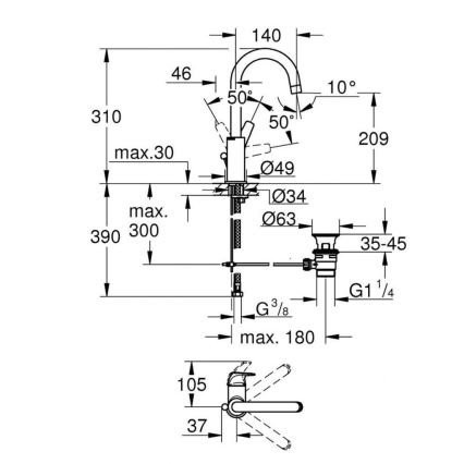 GROHE 23811000 - Grifo de lavabo START FLOW 310 mm cromo brillante