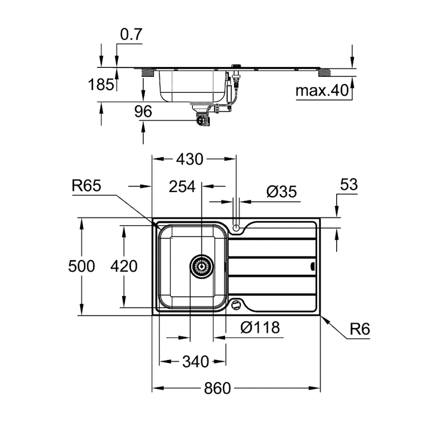 GROHE 31573SD1 - Juego de fregadero de cocina K500 con escurridor integrado y grifo A, 86×50 cm, acero inoxidable