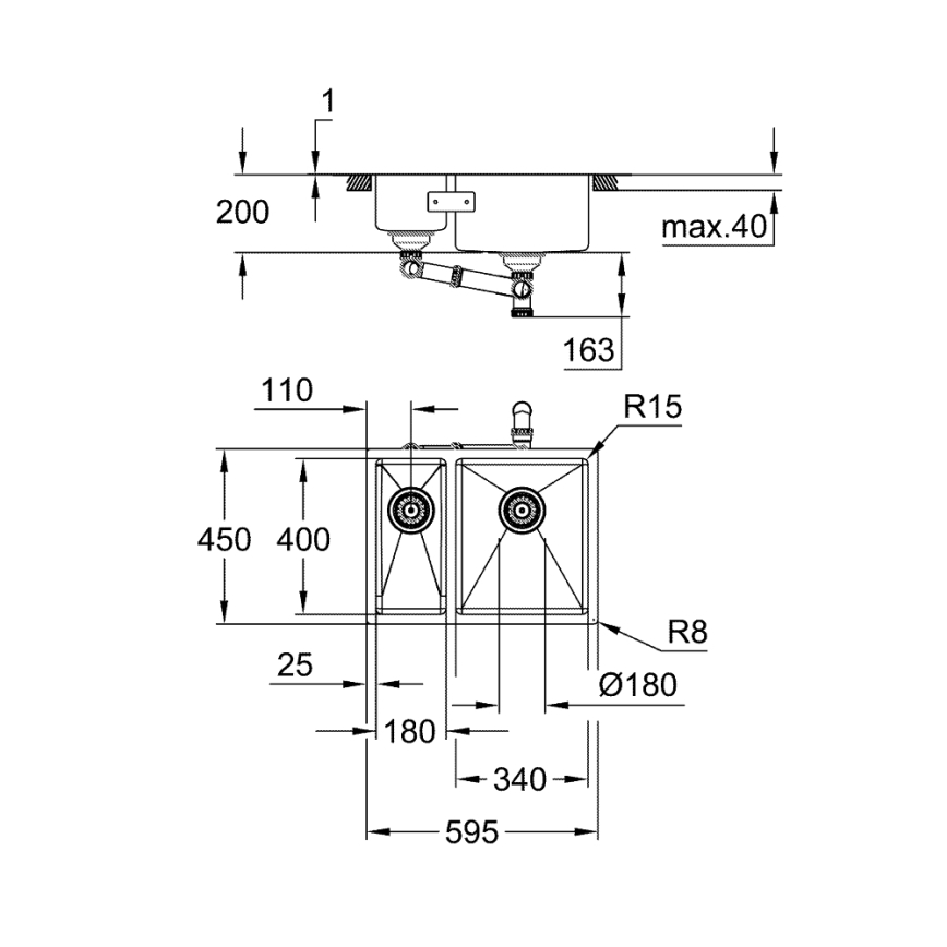 GROHE 31576SD1 - Fregadero de cocina K700U 595 × 450 mm de acero inoxidable