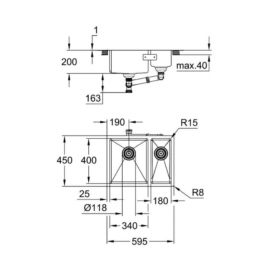 GROHE 31577SD1 - Fregadero de cocina K700U 595 × 450 mm acero inoxidable