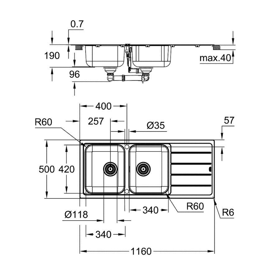 GROHE 31588SD1 - Fregadero K500 1160 × 500 mm acero inoxidable