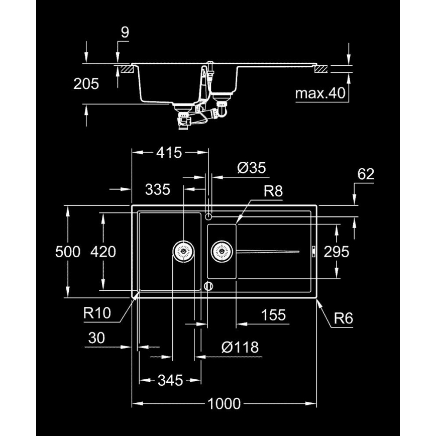GROHE 31642AP0 - Fregadero de composite K400 1000 × 500 mm negro