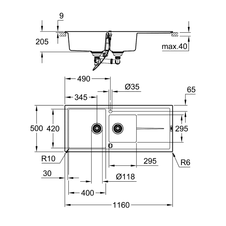 GROHE 31643AP0 - Fregadero de composite K400 1160 × 500 mm negro