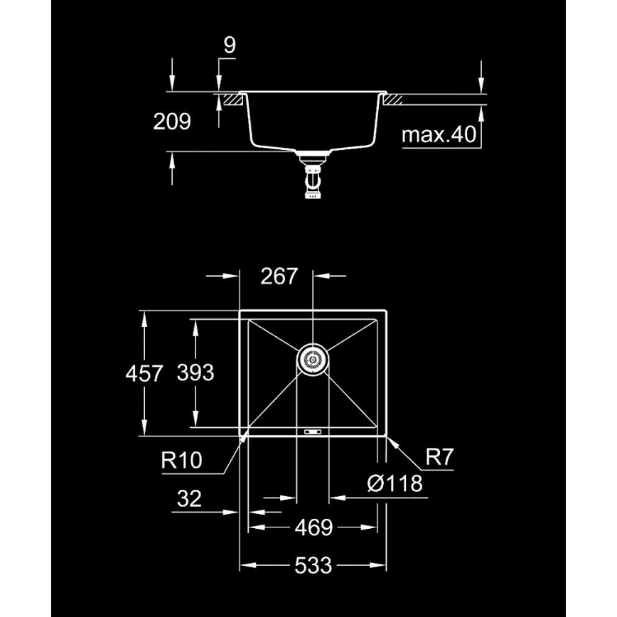 GROHE 31654AP0 - Fregadero de material compuesto K700U 533 × 457 mm negro