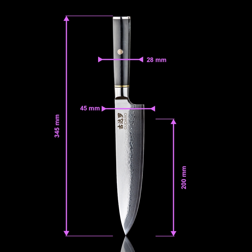 Gudaro - Cuchillo de chef Damasco AKIRO 8, 67 capas de acero, longitud 20 cm, negro