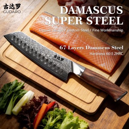 Gudaro - Cuchillo de cocina Santoku TAKUMI 7, acero damasco de 67 capas, longitud 17,5 cm, mango de nogal