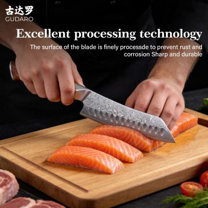 Gudaro - Cuchillo de cocina Santoku TAKUMI 7, acero damasco de 67 capas, longitud 17,5 cm, mango de nogal